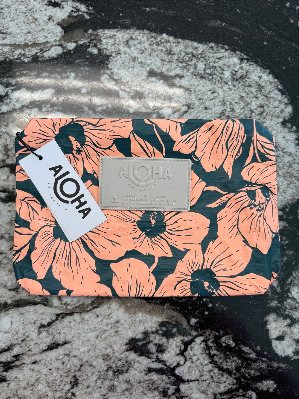 ALOHA Collection SmallCoral and Dark Green Floral Zip Pouch
